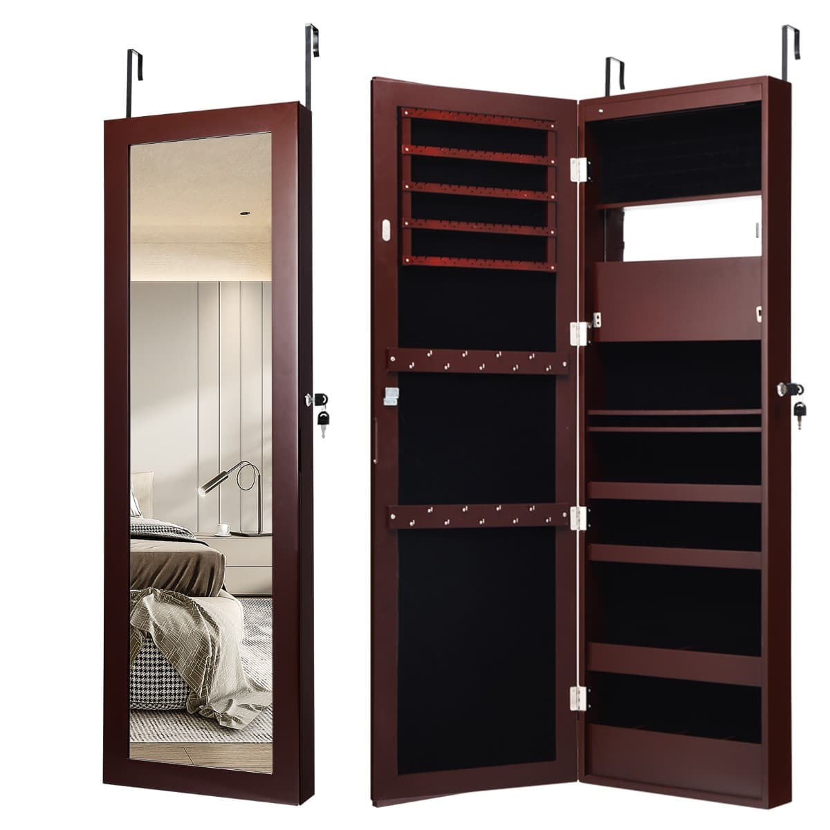 CostwayArmoire à Bijoux Murale/Suspendue avec Miroir 12 LED Intégrées Porte Verrouillable avec 2 Clés 37 × 9 × 119 CM Marron
