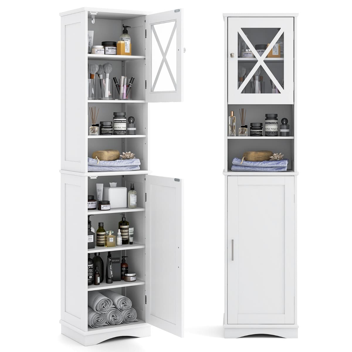 CostwayArmoire de Salle de Bain Haute de 170,5 cm Armoire Autoportante 5 Etagères Réglables 2 Portes Kit Anti-basculement Armoire Etroite Blanc