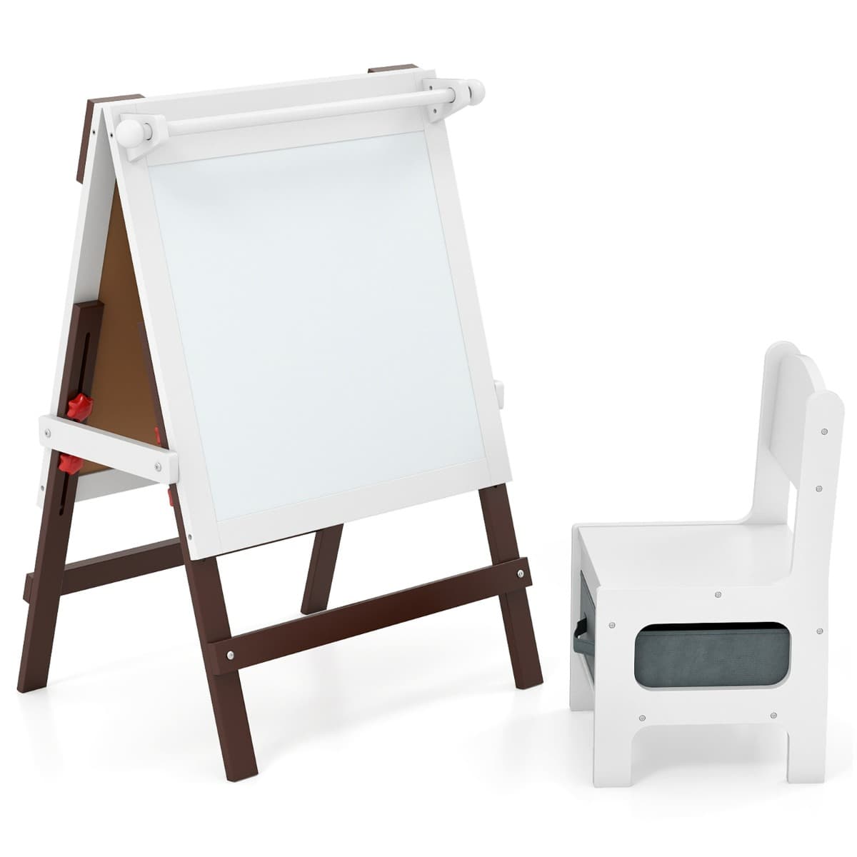 CostwayChevalet Réversible pour Enfants avec Chaise Chevalet de Peinture Réglable avec Tableau Noir Tableau Blanc Porte-papier pour 3+ Ans Marron