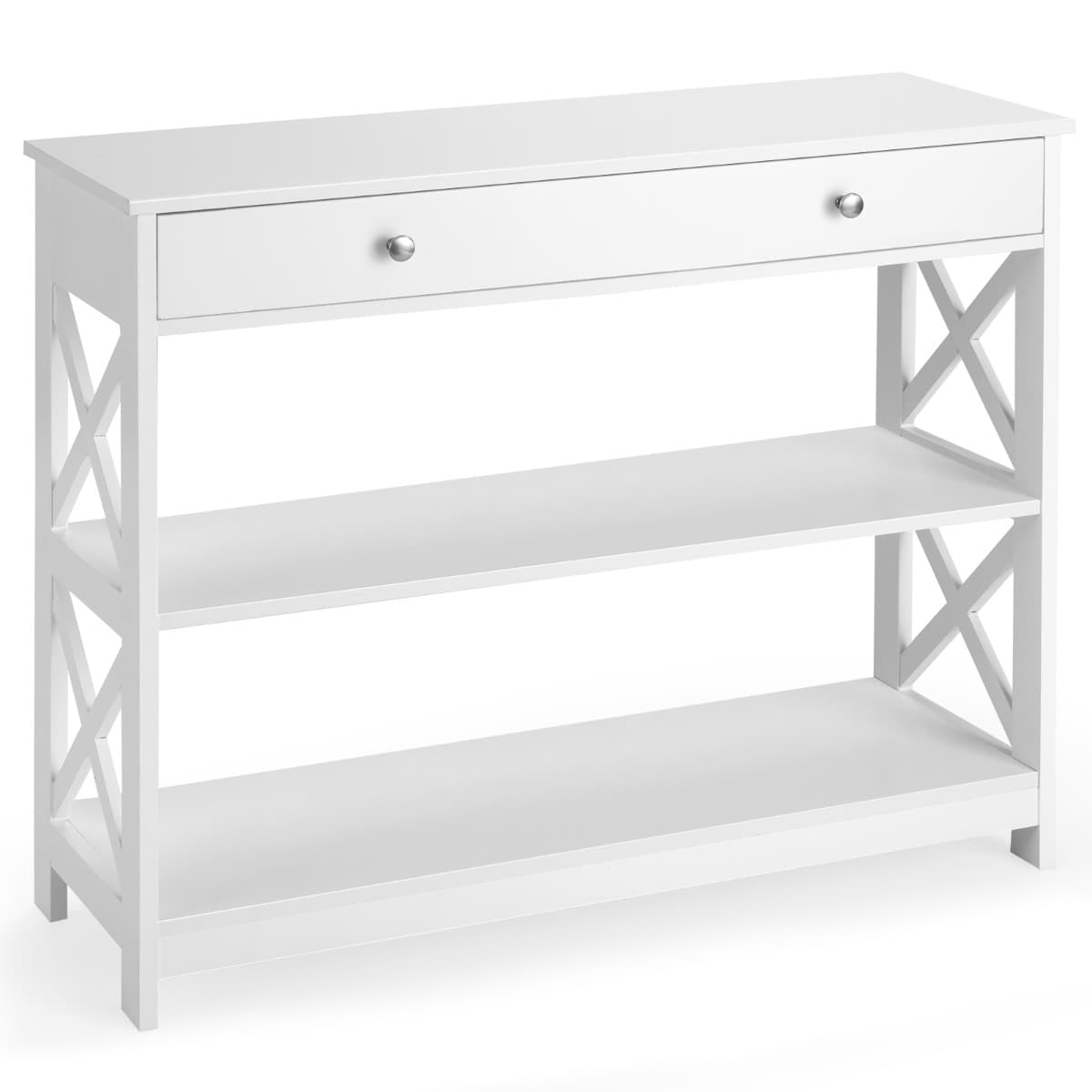 CostwayTable de Console Table d’Entrée avec 1 Tiroir et 2 Etagères de Rangement pour Couloir Salon100 x 30 x 80 CM Blanche