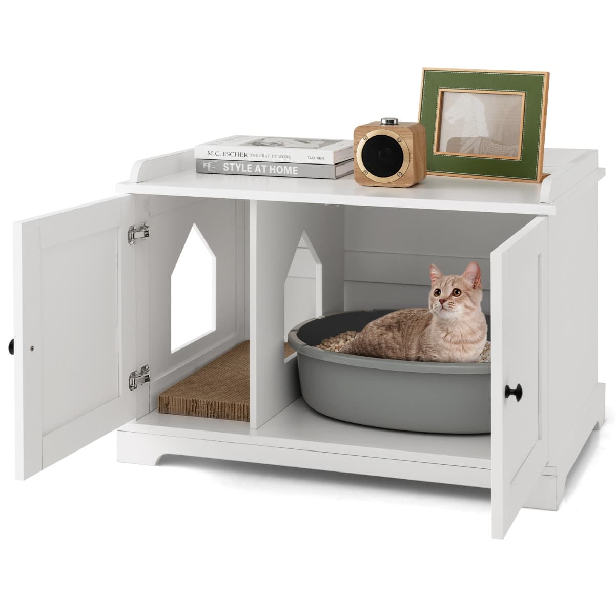 CostwayMaison de Toilette pour Chat avec 2 Portes Meuble Bac à Litière avec Griffoir pour Chat et Entrée Latérale 75x51x53 CM