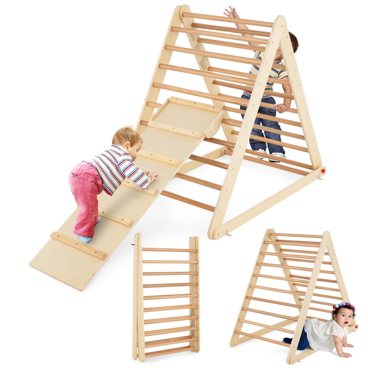 CostwayÉchelle d’Escalade Triangle d'Escalade pour Enfant en Bois Pour Garçons et Filles 3 Ans+ Naturel