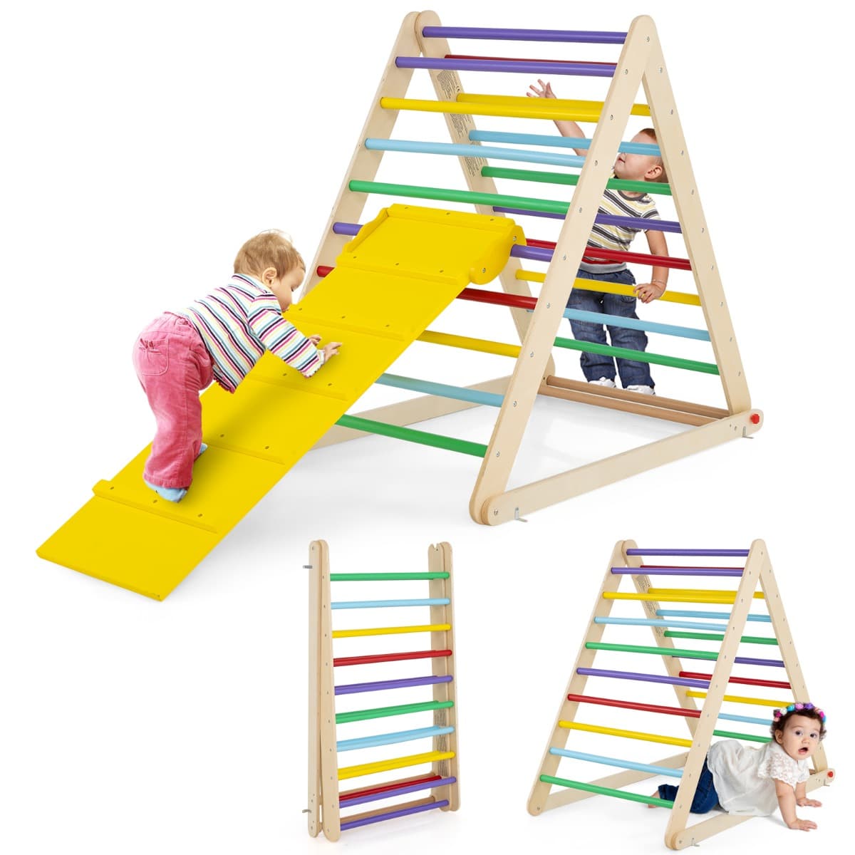 CostwayÉchelle d’Escalade pour enfants Triangle d'Escalade pour Enfants de +3 Ans Capacité 60kg en Bois 120x71x110cm Coloré