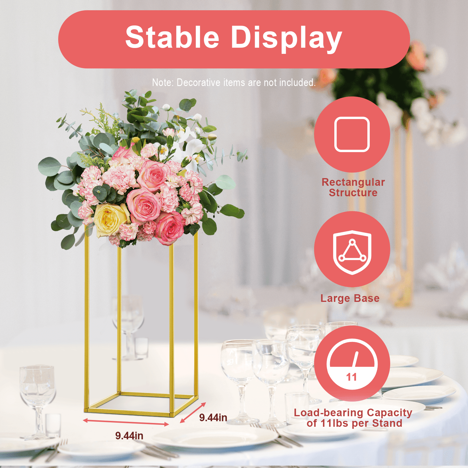 Lot de 10 supports de fleurs dorés, base de fleurs en métal, support de fleurs doré de 60 cm de haut pour décorations de mariage à domicile
